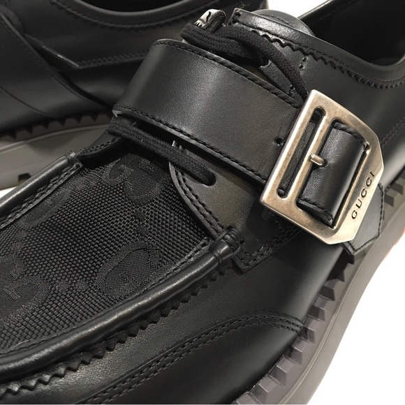 GUCCI LACE-UP BUCKLE LEATHER LOAFERS -BLACK / ORANGE -MEN US 10.5 -NEW - Picture 7 of 9